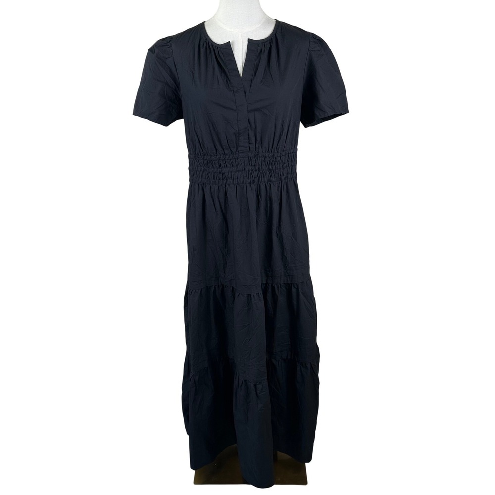 Quince Maxi Dress Womens M Black Organic Cotton Poplin Tiered Boho Minimalist